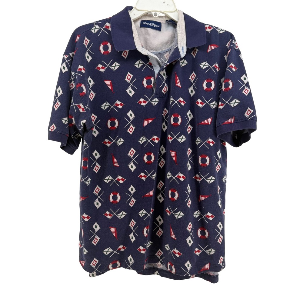 VTG Stars & Stripes Polo Shirt‎ Mens Large Navy Blue Nautical Flag Print Sailing